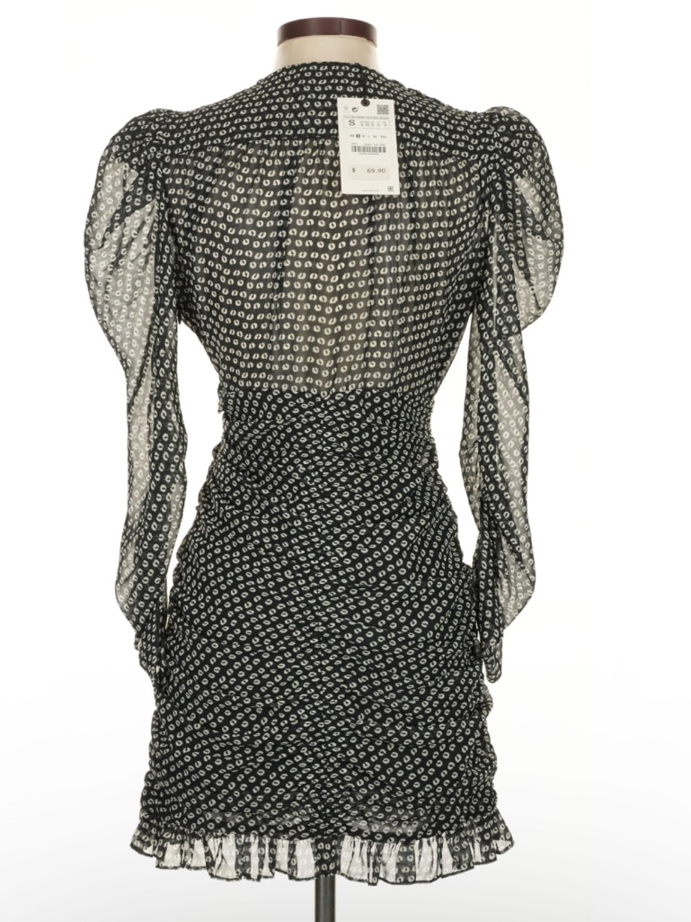 Zara Draped Mini Dress Black Polka Dot Ruched Sheer Sleeve V Neck Small NWT - Picture 3 of 6